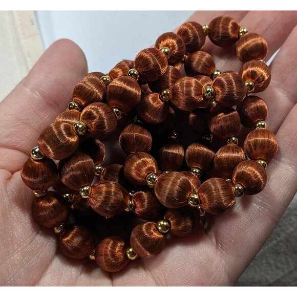 Vintage Brown Silk Beaded Necklace With Gold Tone Accents - Picture 3 of 5